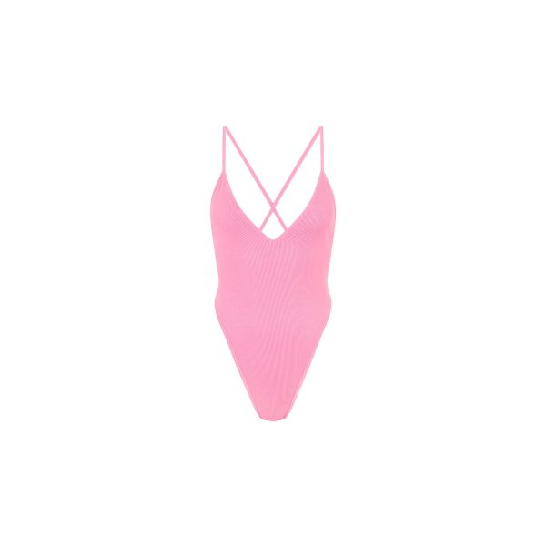 Plunge Cross Back One Piece - Taffy Pink Ribbed Online now